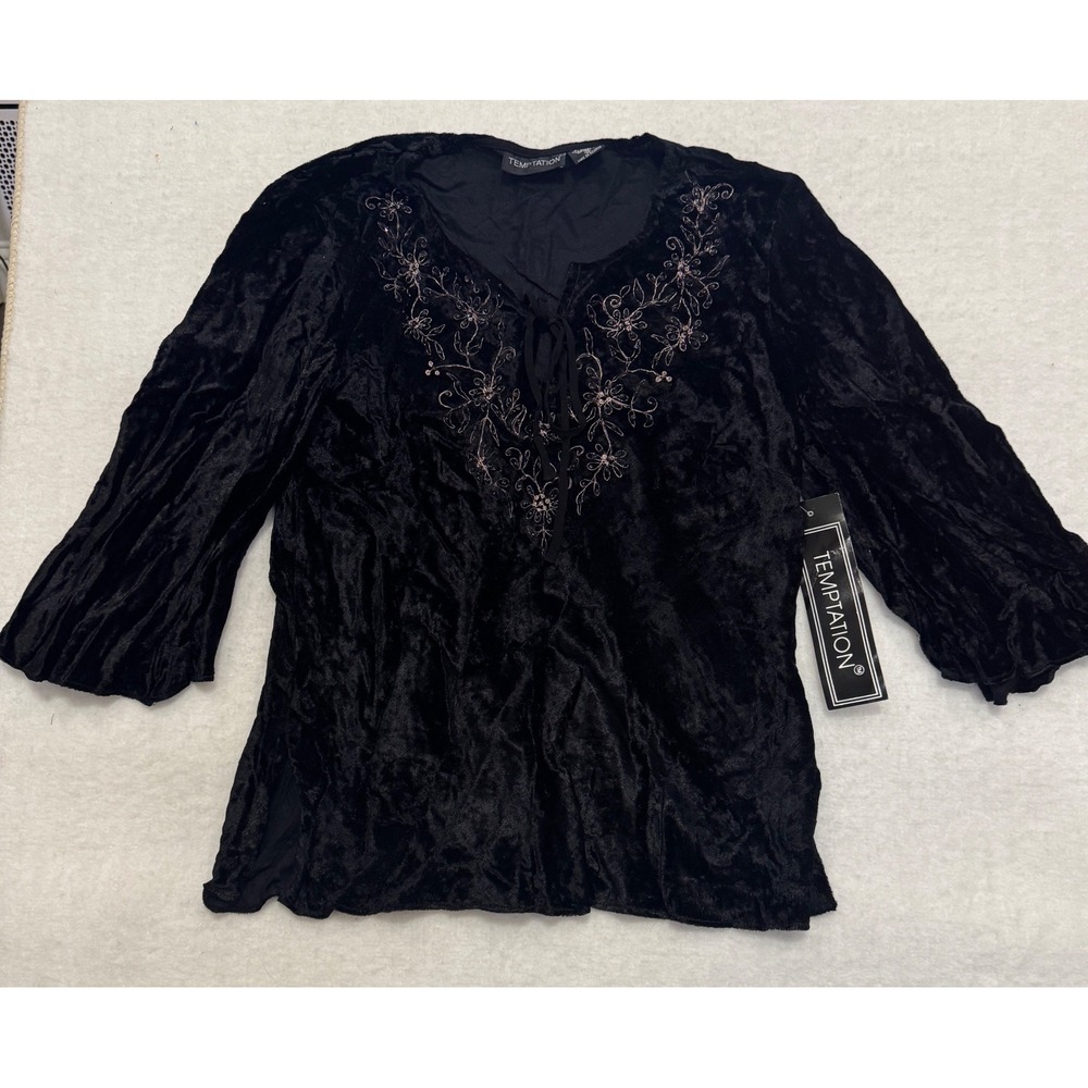 Temptation Black Crushed Velvet Embroidered Sequin Tie Neck Blouse M NEW Y2K‎